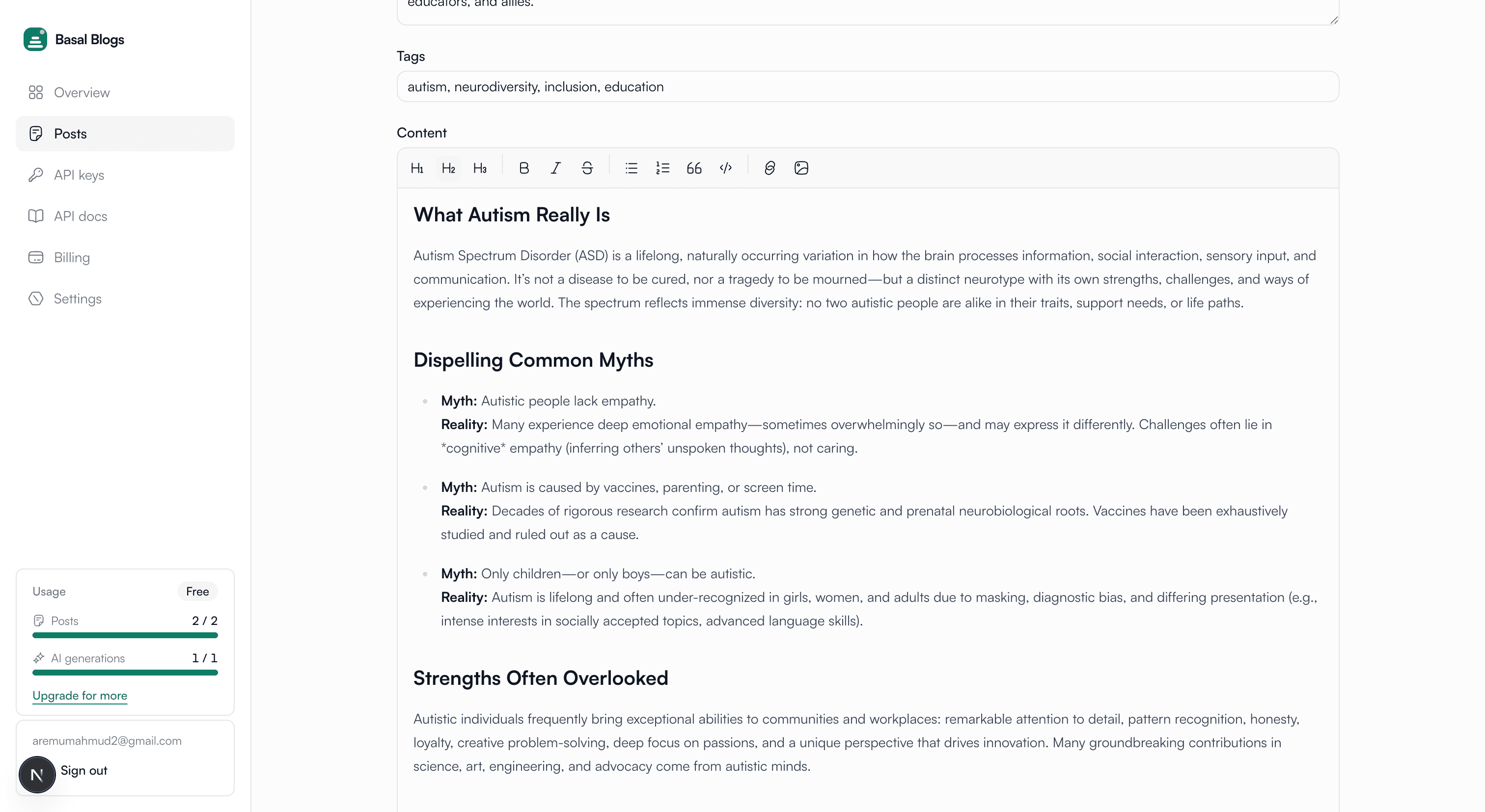 Basal Blogs post editor